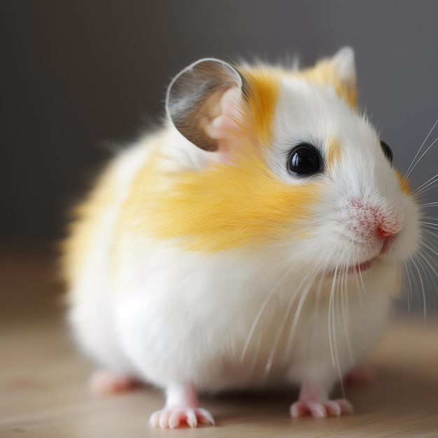 A white and yellow hamster with a silver ear tag.