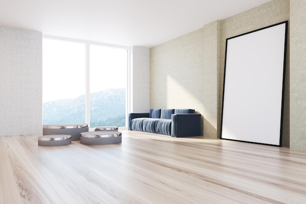 White and yellow living room corner with a wooden floor, a poster and a soft blue sofa next to round coffee tables. 3d rendering mock up