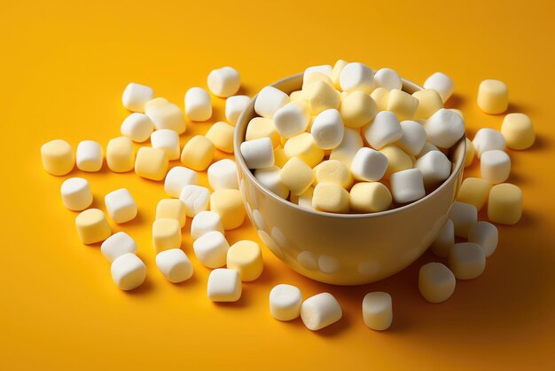 White and yellow marshmallows in a bowl and scattered on the background