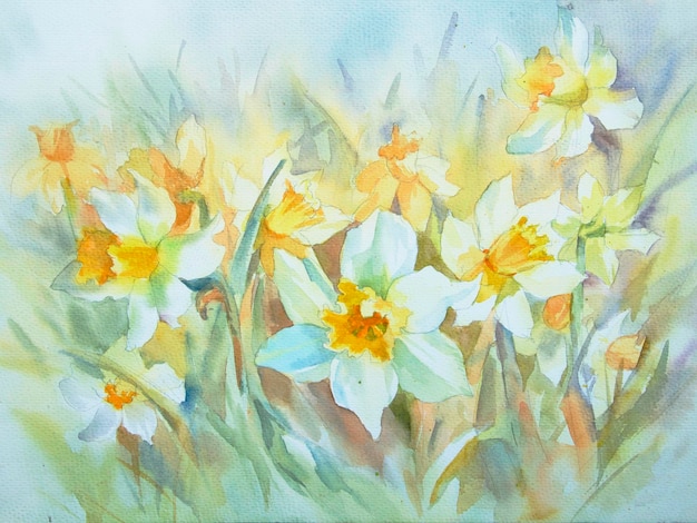 White and yellow narcissus in pastel grey and blue watercolor background