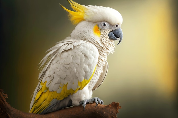 White yellow parrot on white with grey bill and tuft