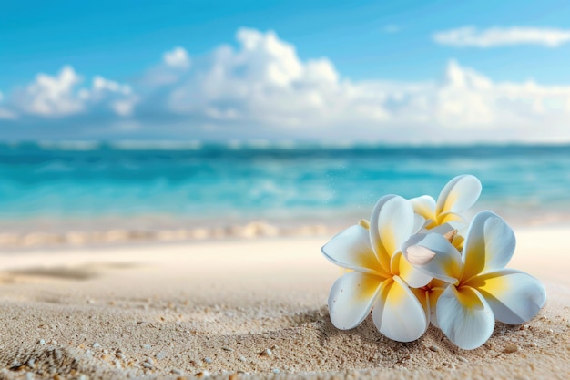 white and yellow plumeria flowers on the sand of an exotic beach
