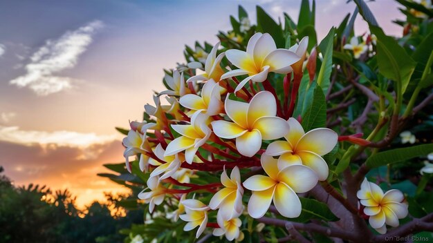 White and yellow plumeria flowers on a tree with sunset background