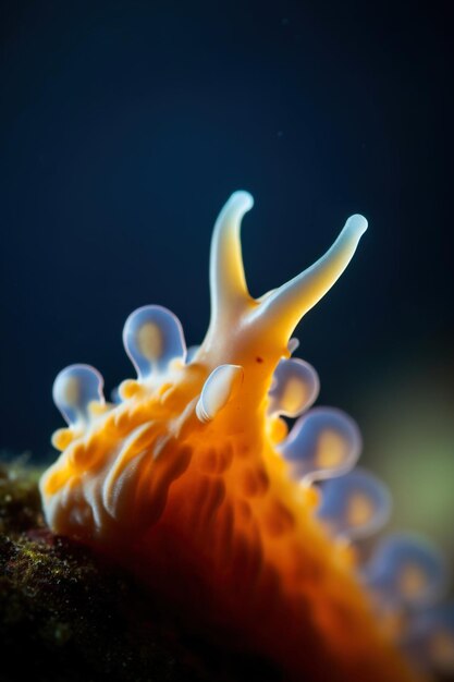 A white and yellow sea slug with a blue background.