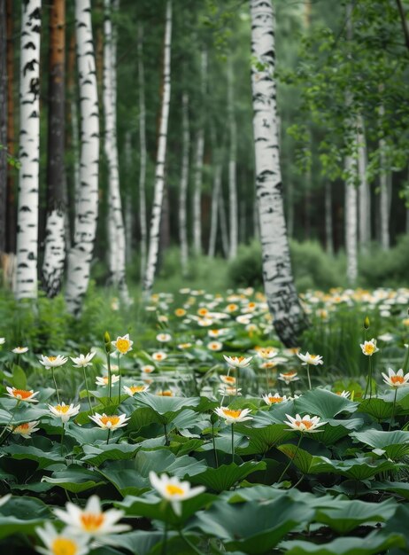 Photo white and yellow water lilies in a pond surrounded by a birch forest