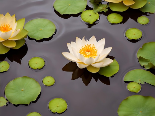 White and yellow waterlilies on the water in a pond