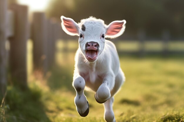 Photo white young calf running in the paddock