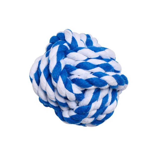 Palla di corda whiteblue isolato su sfondo bianco animale giocattolo