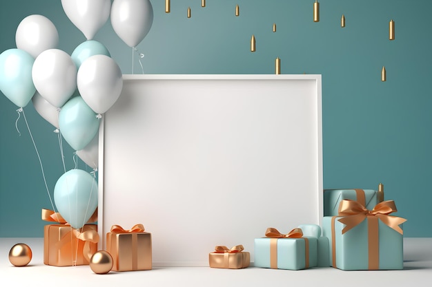 a whiteboard on a blue background with gifts and balloon