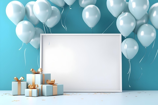 a whiteboard on a blue background with gifts and balloon