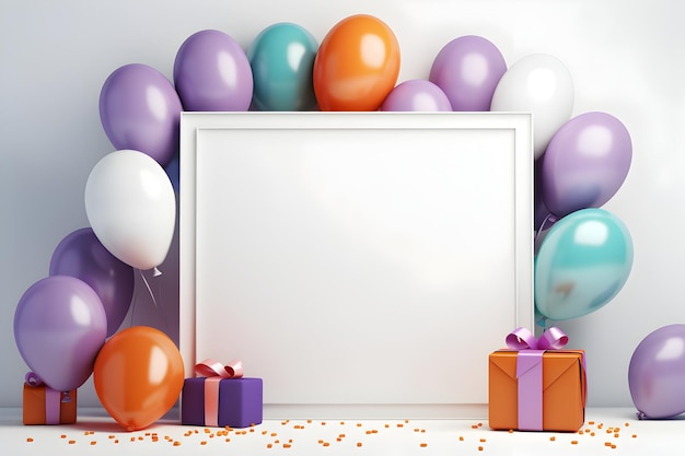 a whiteboard on a blue background with gifts and balloon