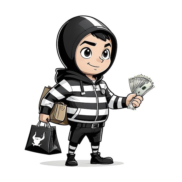 Photo whiteboard doodle of a thief in black and white striped uniform with money