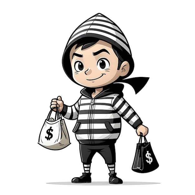 whiteboard doodle of a thief in striped uniform with money bag