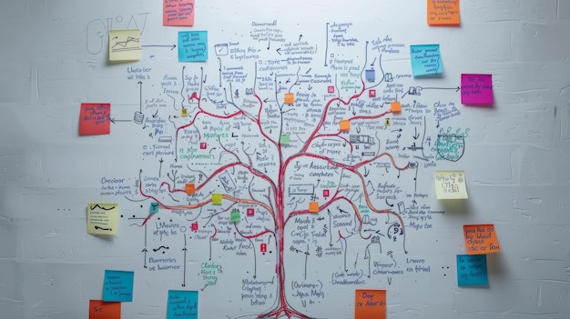 a whiteboard filled with a colorful mind map and sticky notes depicting a creative brainstorming ses