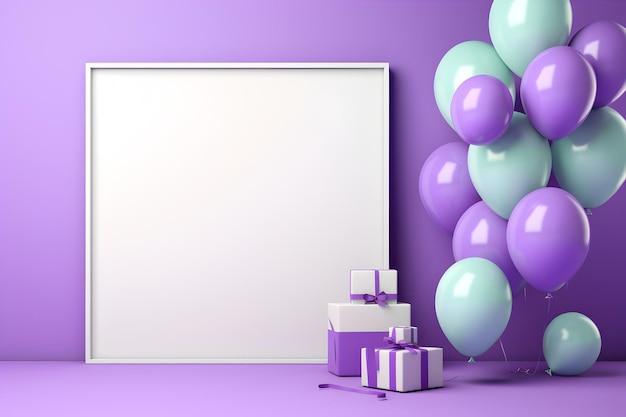 A whiteboard on a purple background with gifts and balloons