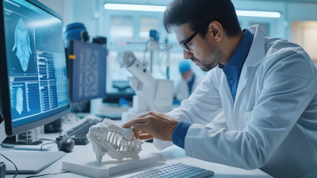 Whitecollar worker analyzing knee joint model on computer screen AIG41