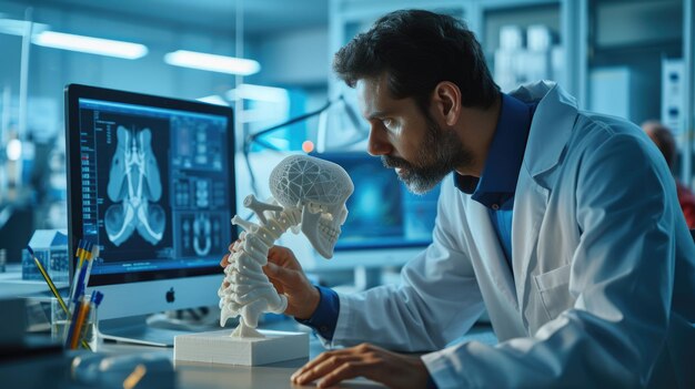 Whitecollar worker analyzing knee joint model on computer screen aig