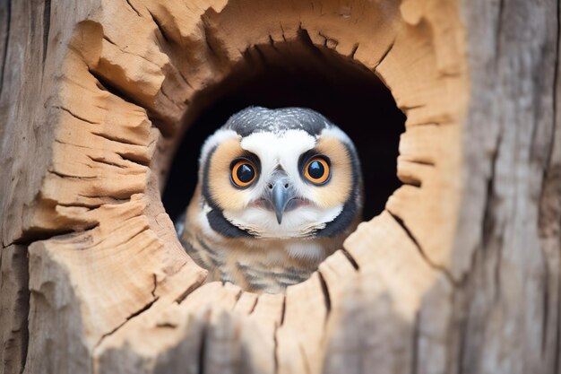 Photo whitefaced owl in a mahogany trunk hole