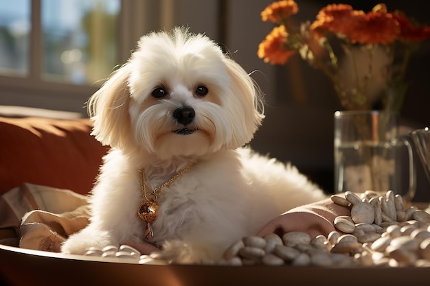 Photo whiteframed picture of a fluffy playful bichon