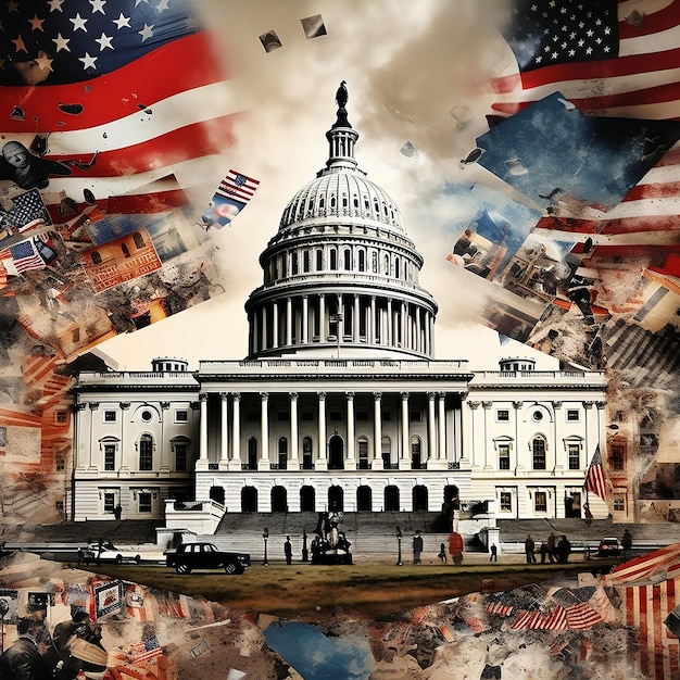 미국 정부 역사와 정치적 권력을 상징하는 화이트하우스 테이프 예술 콜라지