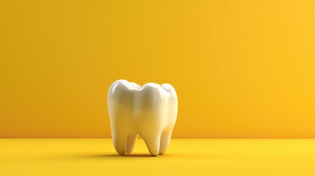 Whitening single tooth isolated on yellow background concept of dental health teeth treatment