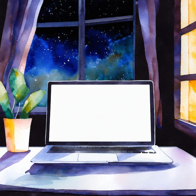 Photo a whitescreen laptop mockup on a table against the window and wall in a modern dark room at night