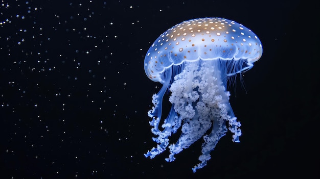 Photo whitespotted jellyfish in the solid black background