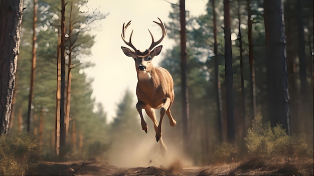 ホワイトテイル・デール・バック (Odocoileus virginianus) が森でジャンプしている