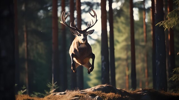 ホワイトテイル・デール・バック (Odocoileus virginianus) が森でジャンプしている