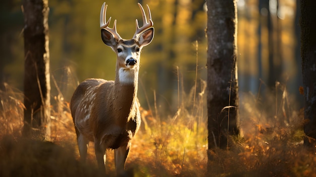 ホワイトテイル・デール・バック (Odocoileus virginianus) が秋の森を歩いている