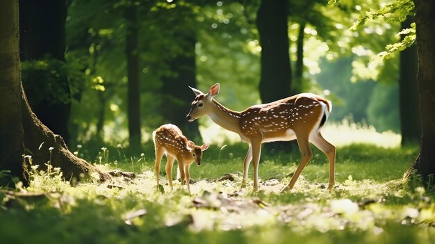 Whitetailed Deer Doe Odocoileus virginianus with fawn in the forest