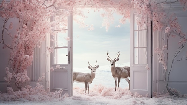 Whitetailed deer in front of an open door with pink flowers