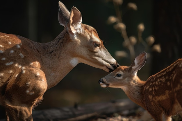 WhiteTailed Deer Licks Her Fawn AI 生成