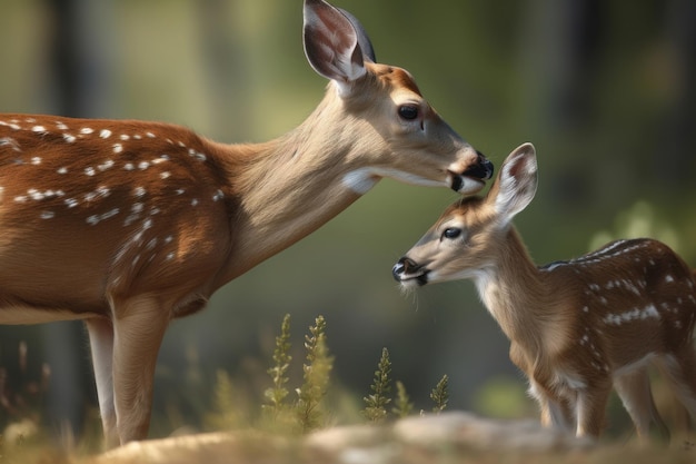 WhiteTailed Deer Licks Her Fawn AI 生成