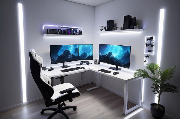 WhiteThemed RGB Lighting Desk en Blank White Wall voor aanpasbare omgevingseffecten