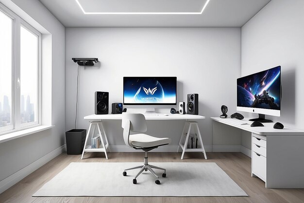 WhiteThemed VR Setup Desk and Blank Wall for Virtual Reality Art