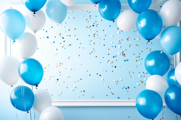 Whitewashed border hosts a sky of blue balloons and confetti