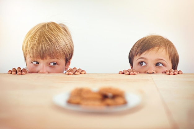 クッキーに抵抗できる人2人の男の子がこっそりと皿からクッキーを取り出そうとしています