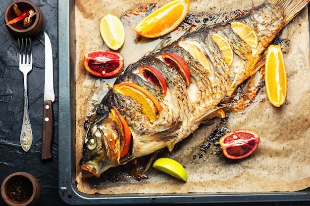 Carpa intera al forno con agrumi