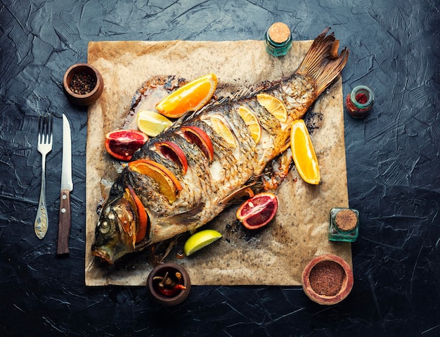 Whole baked carp with citrus fruits