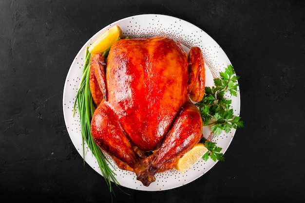 Whole baked chicken in sauce with paprika on a plate