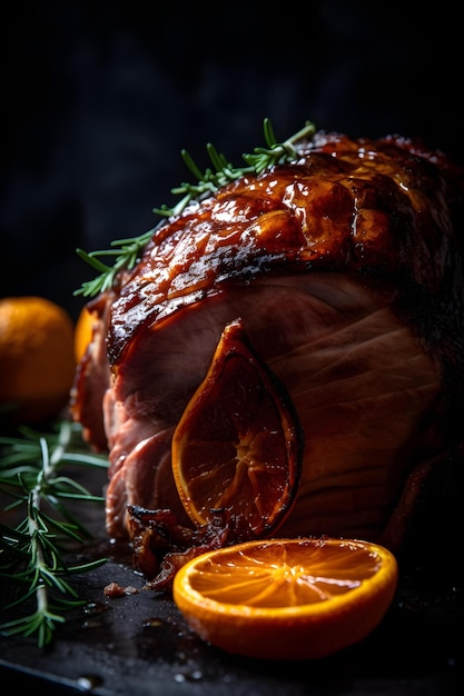 Whole baked ham Cut thick skin Marinated in oranges and honey