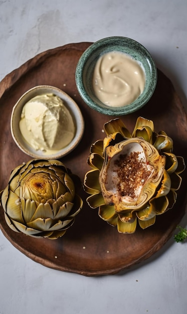 Whole barbecued artichokes with smoked garlic mayonnaise AI generation