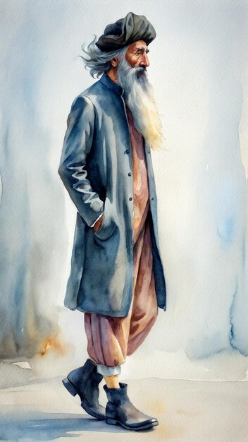 Whole body image of old sufi man in watercolor technique Artistic painting