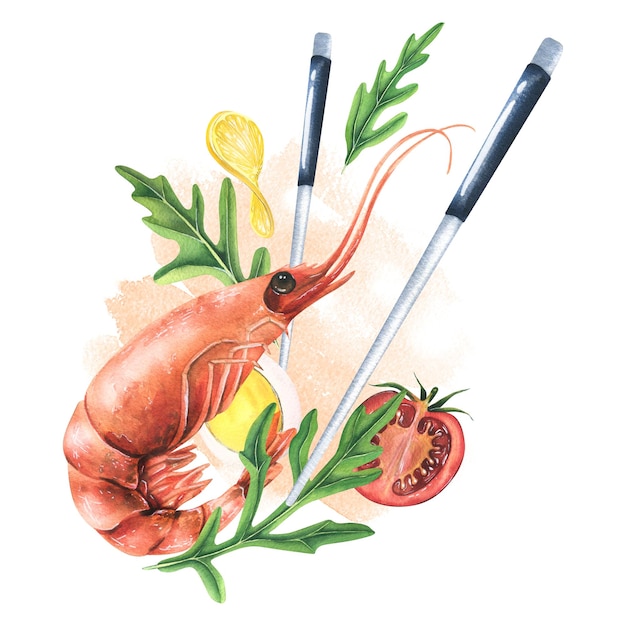 Whole boiled shrimp with arugula leaves lemon slice quail egg and chopsticks Watercolor illustration Composition from the SHRIMP collection For the design and design of menus recipes packaging