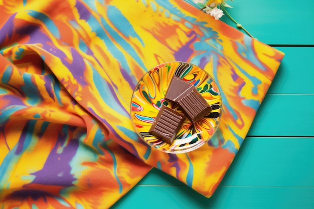 Whole and broken chocolate bar on colorful napkin