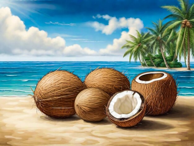 Whole and broken down coconuts lie on wooden boards on the background of the sea highly realistic i