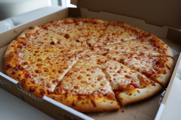 Photo a whole cheese pizza with golden crust in an open box