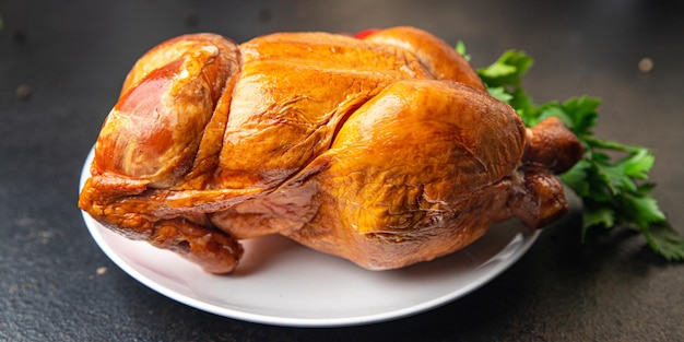 Whole chicken baked fried festive table smoked poultry meat fresh portion healthy meal food