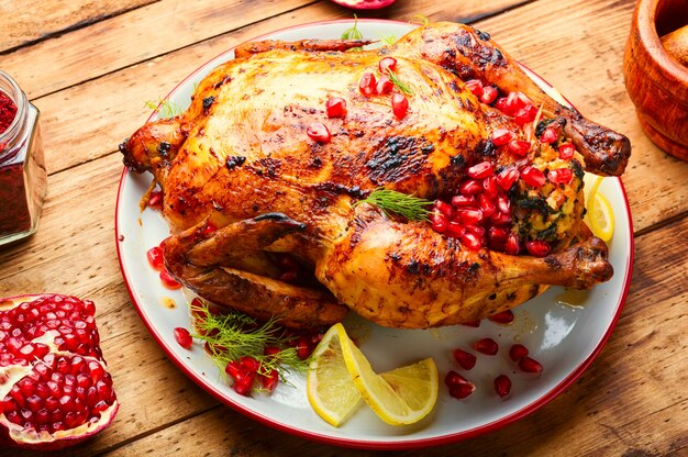 Whole chicken baked with pomegranate berries in plate on a wooden rustic old background.